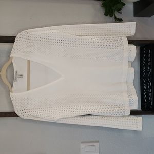 Autumn Cashmere Sweater V Neck Long Sleeve Top Eyelet Vents White Womens XS